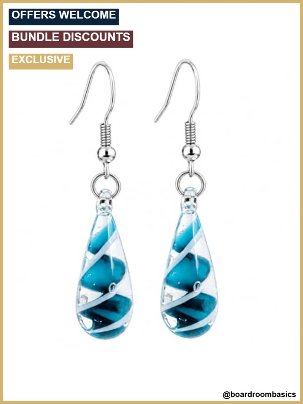 Lampwork Glass Teardrop Spiral Dangle Earrings 316L Stainless Steel Hooks